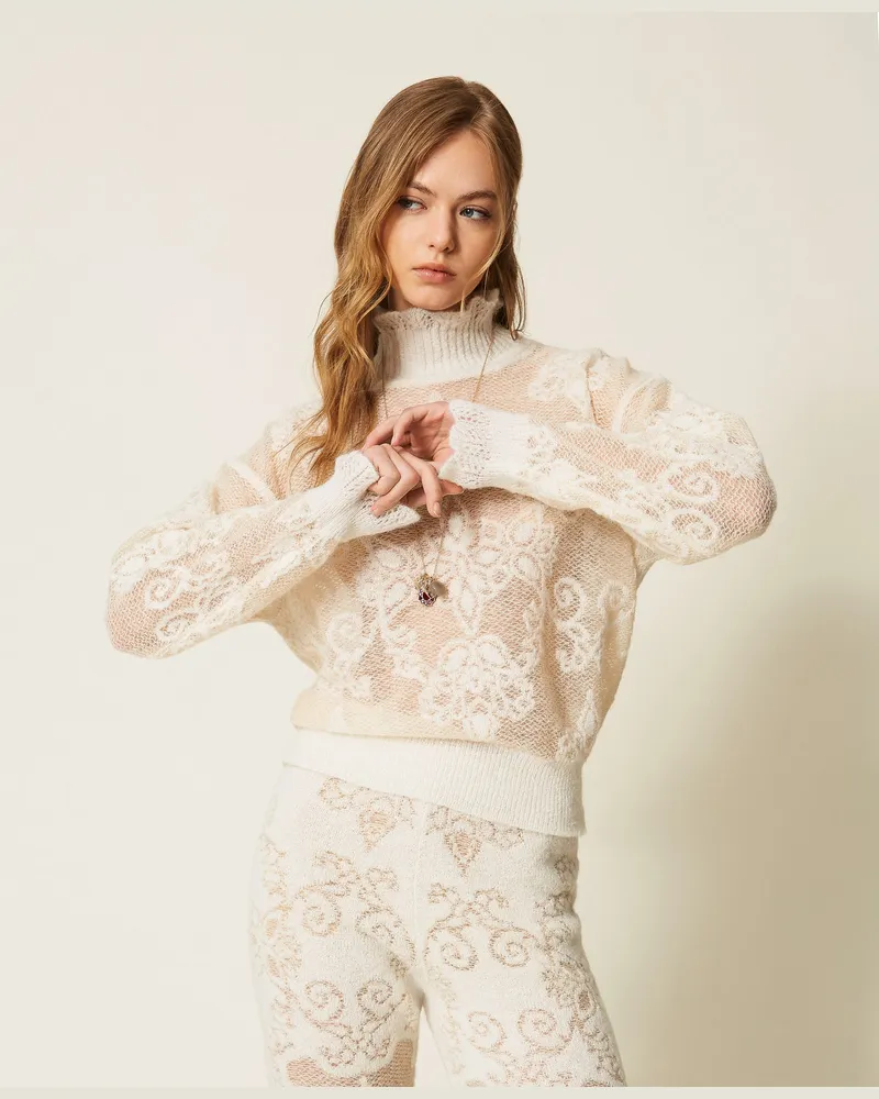 Twin-Set Jacquard-Stehkragenpullover aus Alpakamischung Parchment-beige