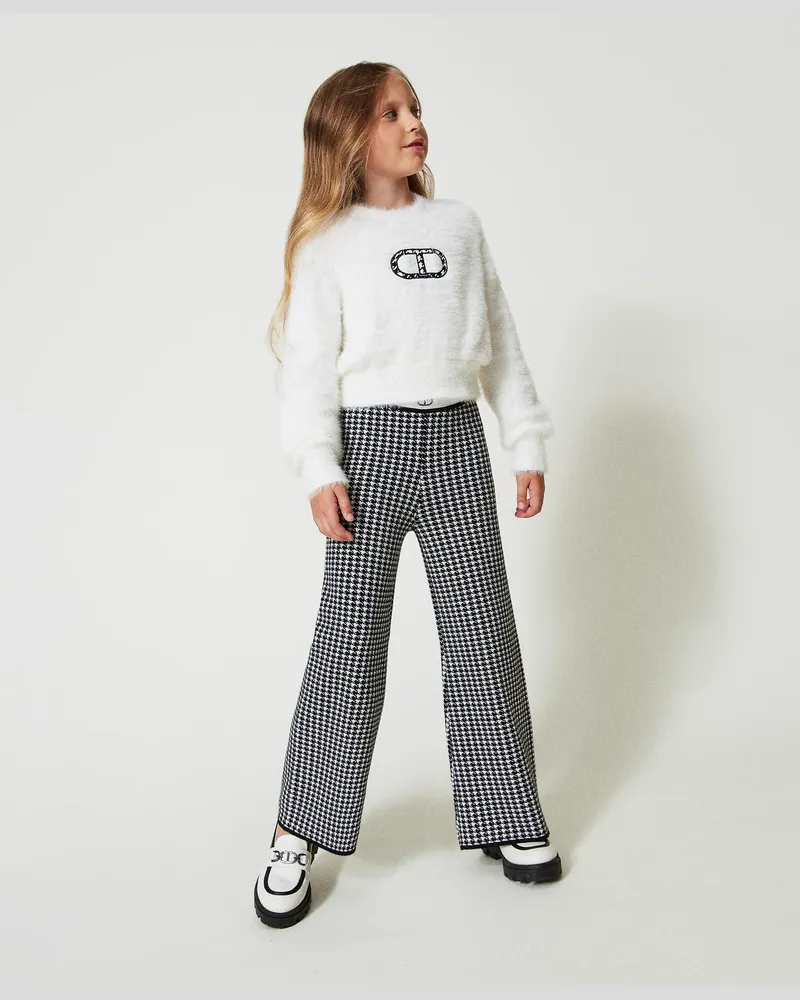 Twin-Set Hosen - Hose aus Jacquard-Strick mit Hahnentrittmuster, Zweifarbig Off White / Schwarz, Größe Zweifarbig