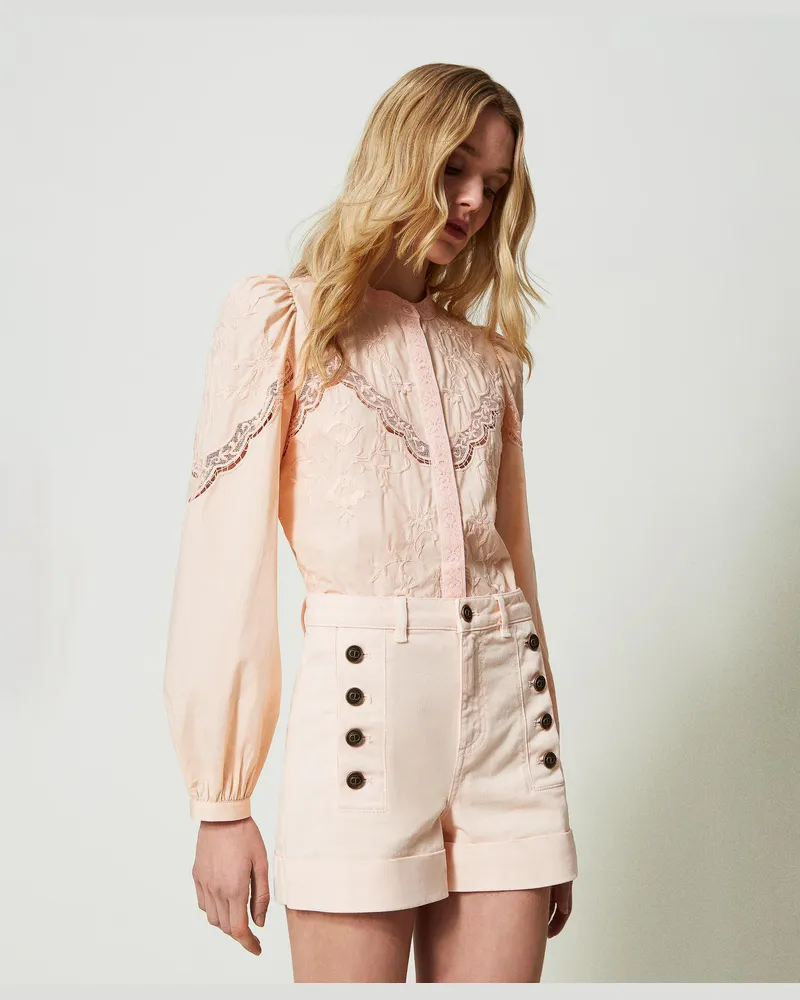 Twin-Set Hosen - Drillich-Shorts mit Zierknöpfen, „Pale Peach"-Rosa, Baumwolle, Größe „pale