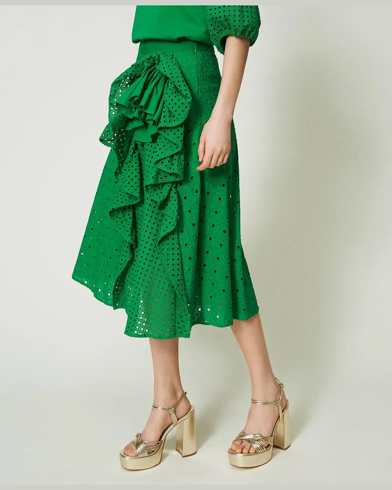 Actitude by Twinset Röcke - Midirock mit Lochstickereien und Raffung, Farngrün, Baumwolle, Größe: S 