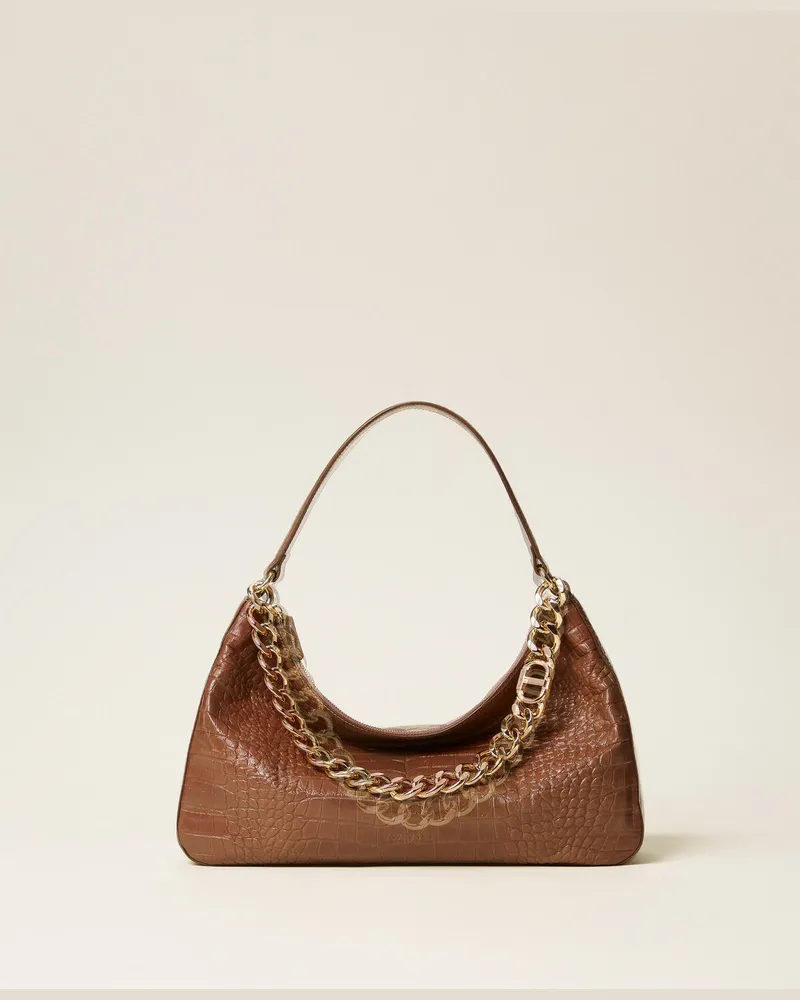 Twin-Set Taschen - Tasche „Liliane" aus Leder mit Krokoprägung, Taubenbraun, Einheitsgröße Taubenbraun