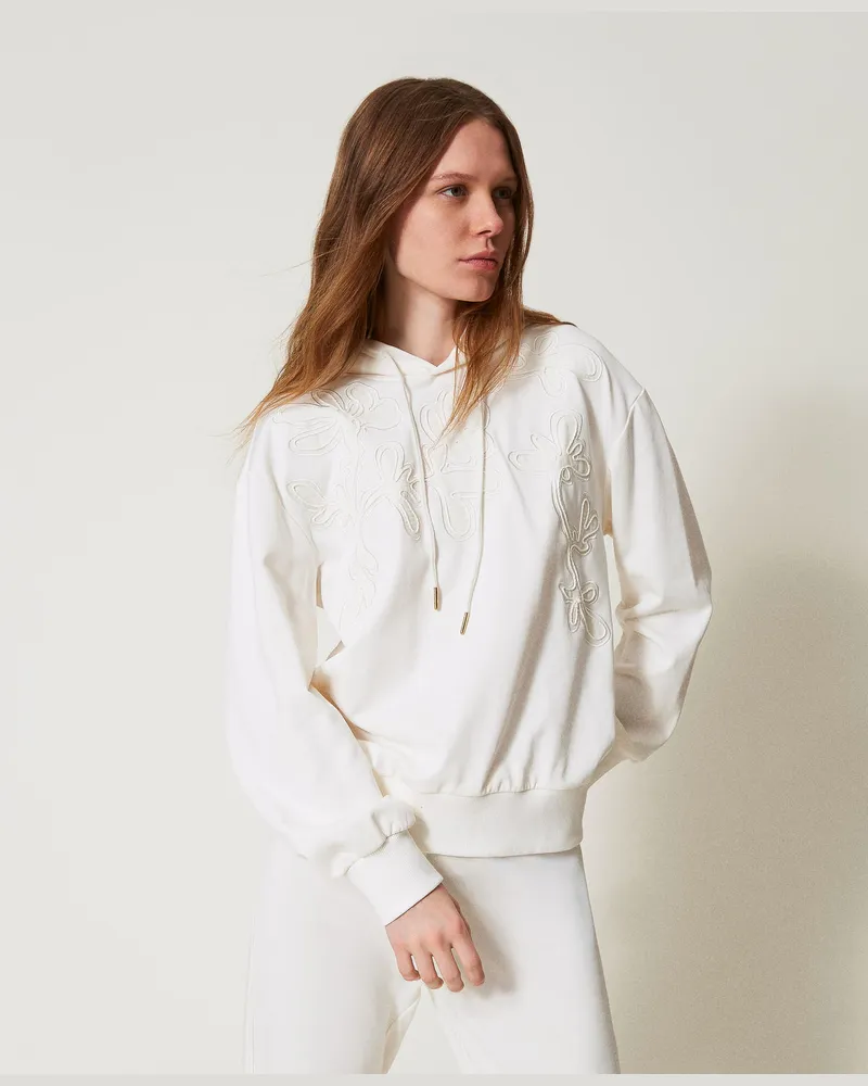 Twin-Set Sweatshirts und -jacken - Kapuzensweatshirt mit Stickerei, White Cloud, Baumwolle, Größe White