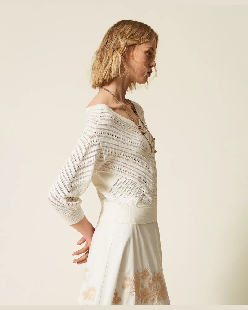 Actitude by Twinset Pullover mit Durchbruchmuster im Zickzack-Design, Mattweiß, Größe Mattweiß