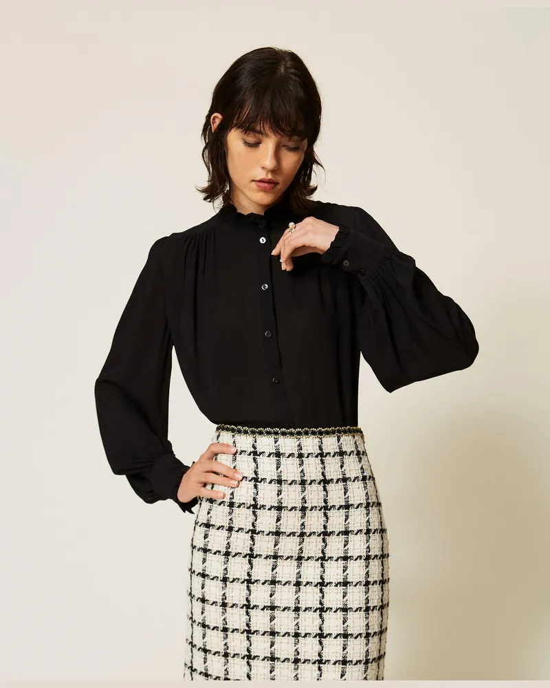 Twin-Set Cropped-Hemd aus Crêpe de Chine, Damen, Schwarz Schwarz