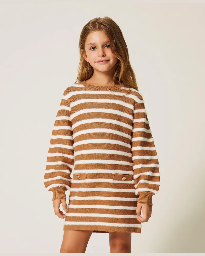 Twin-Set Kurzes Baby-Strickkleid mit Streifen, Damen, Streifen "Iced Coffee"-Braun / "Schneeweiß Streifen