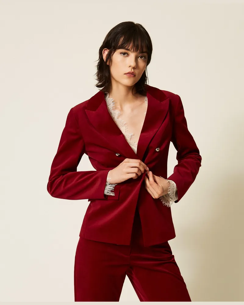 Twin-Set Blazer aus Samt, Damen, "Rhabarberrot Rhabarberrot