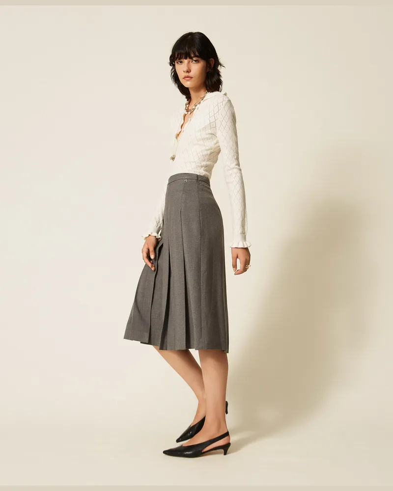 Twin-Set Midirock aus Flanell, Damen, Mittelgrau-Melange Mittelgrau-melange
