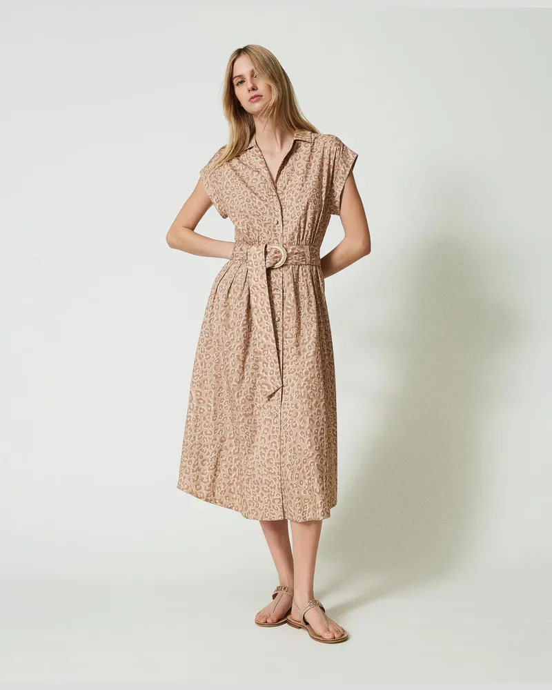 Twin-Set Kleider - Midikleid aus Popeline mit Animaldessin, Print Animal / „Ginger Root"-Beige, Größe Print