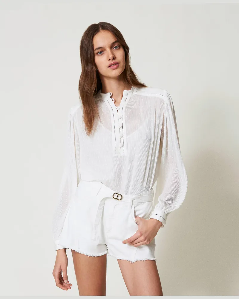 Twin-Set Hosen - Shorts aus weißem Bull-Denim mit „Oval T"-Gürtel, Weiß Schnee, Baumwolle, Größe Weiß