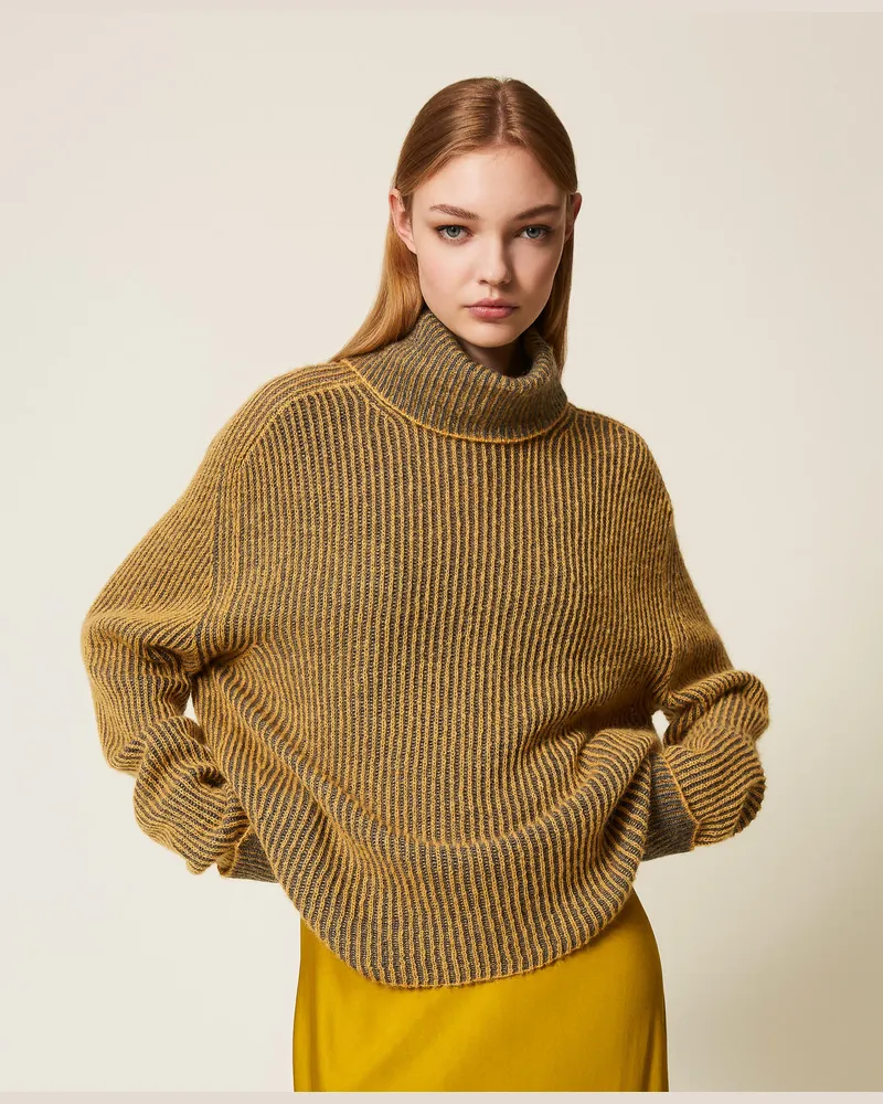 Twin-Set Rollkragenpullover mit Vanisé-Muster aus Wollmischung, Mustard / Dunkelgrau-Melange, Wolle, Größe: L 