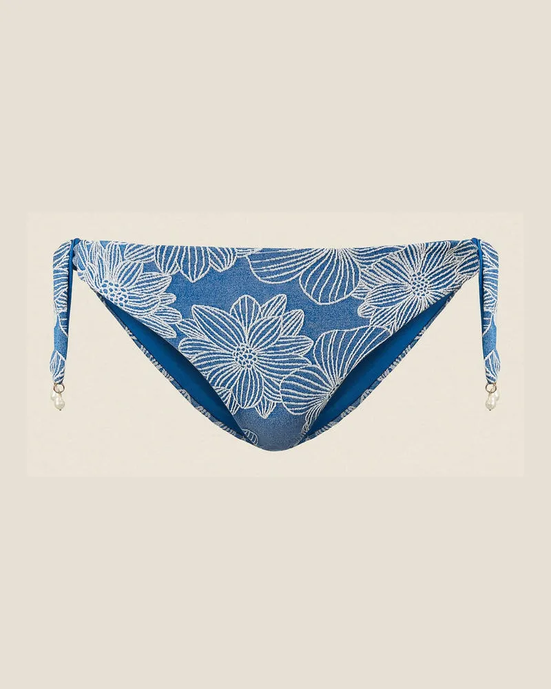 Twin-Set Bademode - Bikinitanga aus Jacquard mit Perlen, Jacquard Mittelmeerblau/Off White, Mit Blumen, Größe Jacquard