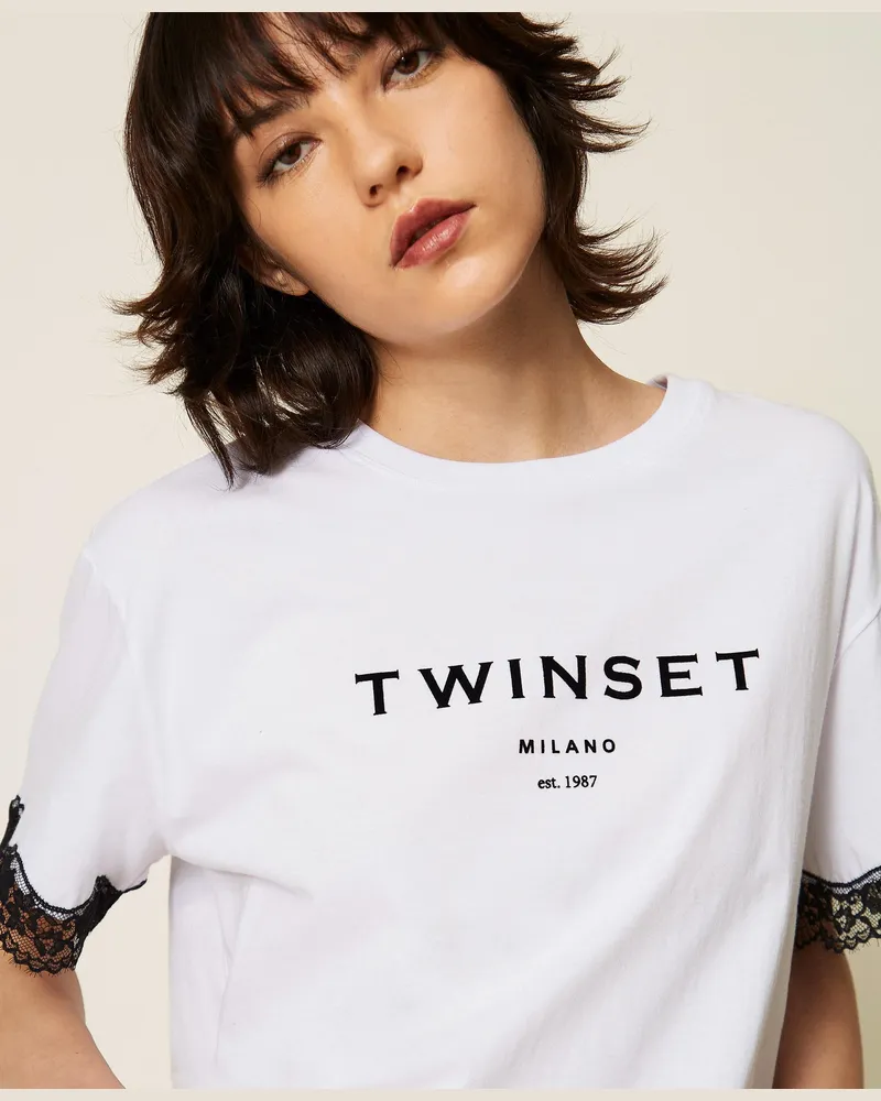 Twin-Set T-Shirt aus Jersey mit Logo und Spitze, Damen, Zweifarbig Optisches Weiß / Schwarz Zweifarbig