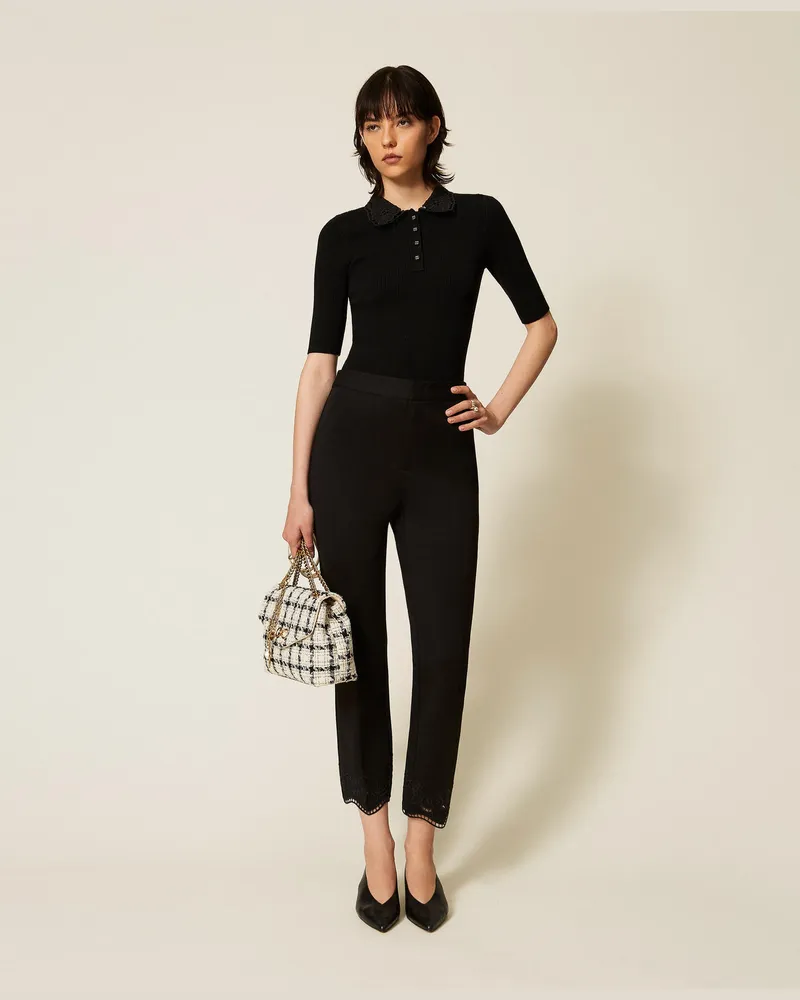Twin-Set Gerade Hose mit Lochstickerei Schwarz