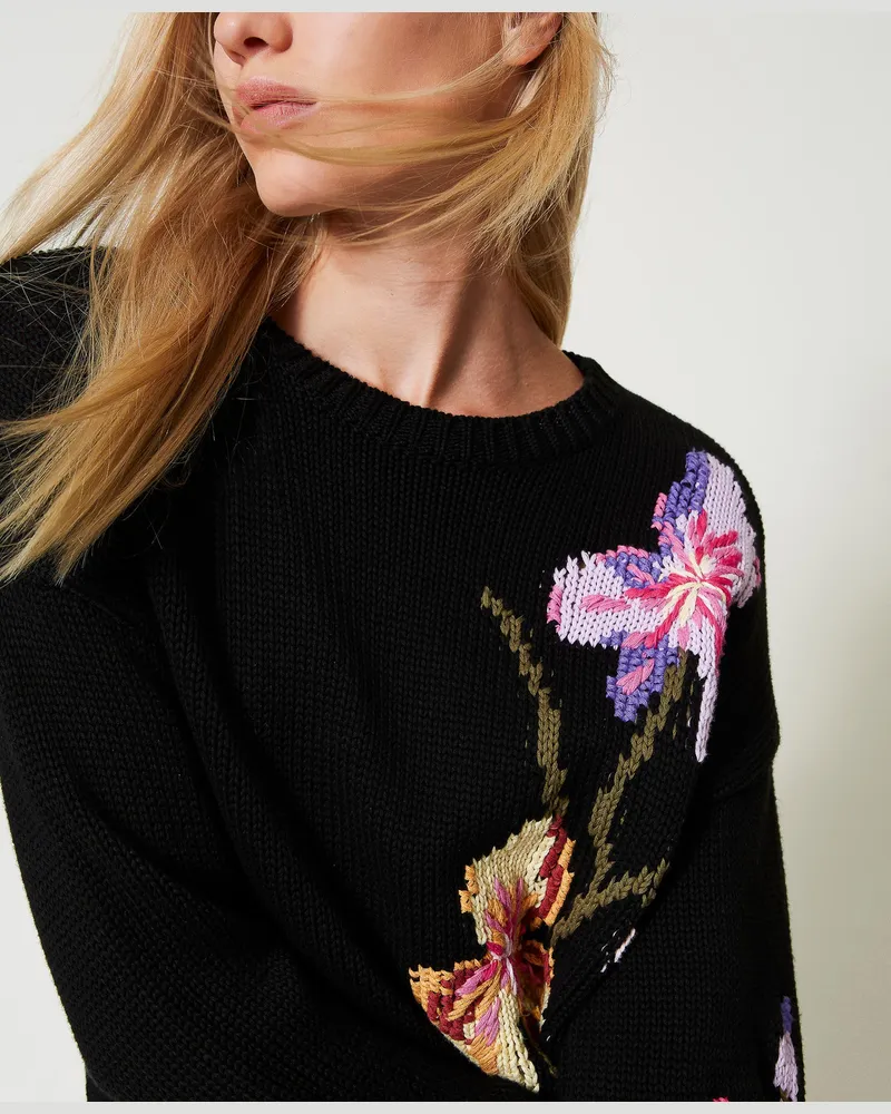 Twin-Set Pullover mit Blumen und Handstickerei, Schwarz, Baumwolle, Größe Schwarz