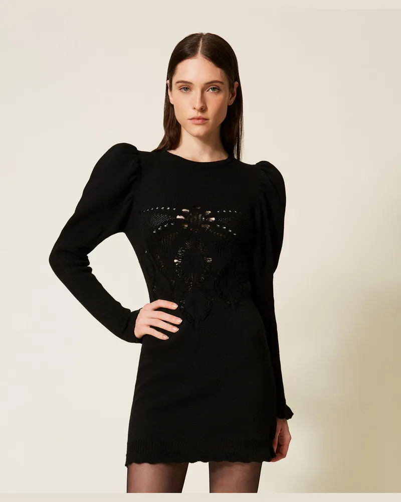 Twin-Set Kleider - Kurzes Strickkleid im Häkel-Design, Schwarz, Größe Schwarz