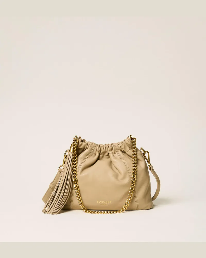Twin-Set Umhängetasche aus Leder mit Raffung Khaki