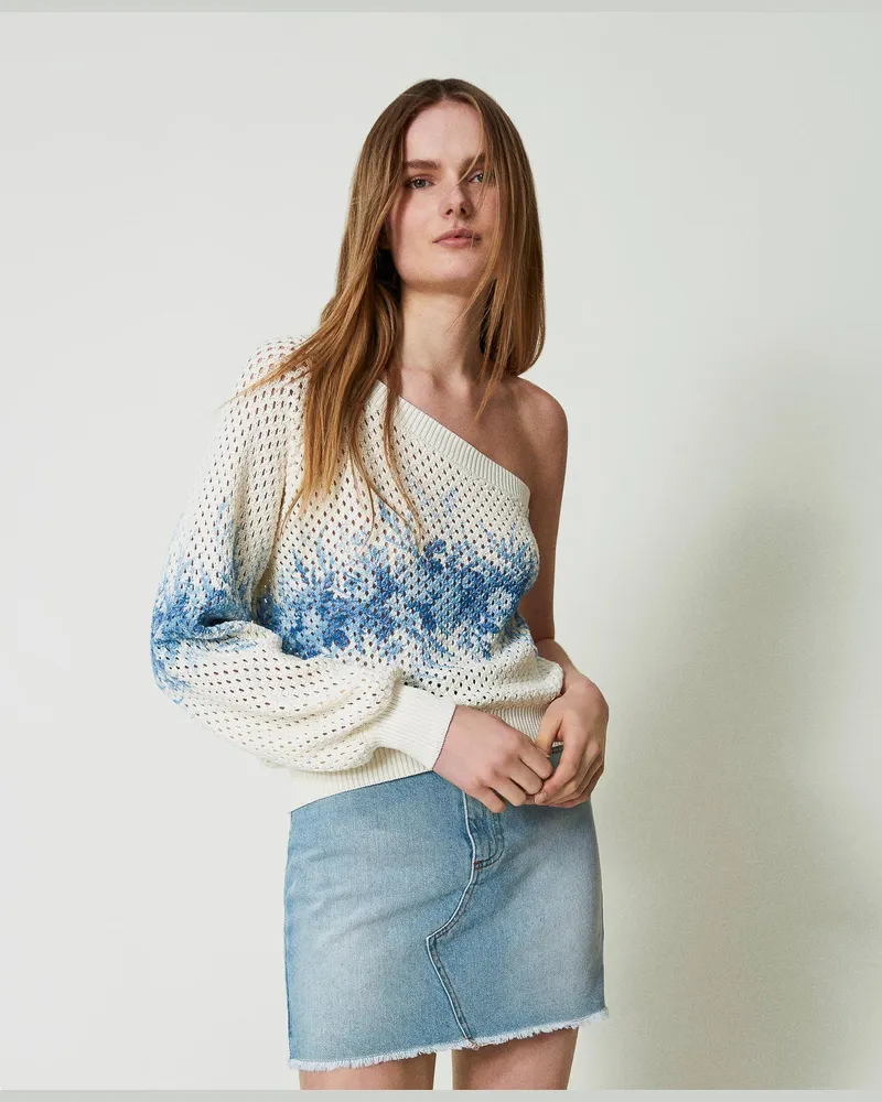 Twin-Set Einschultriger Netzpullover mit Blumenprint, Print Toile de Jouy Elfenbein / Blue Chalcedonie, Größe: XXL 