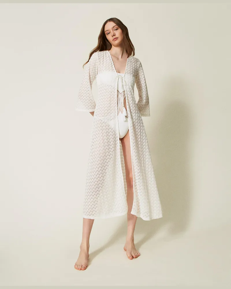 Twin-Set Bademode - Langer Häkelkaftan mit tailliertem Schnitt, Sugar Weiß, Größe: S 
