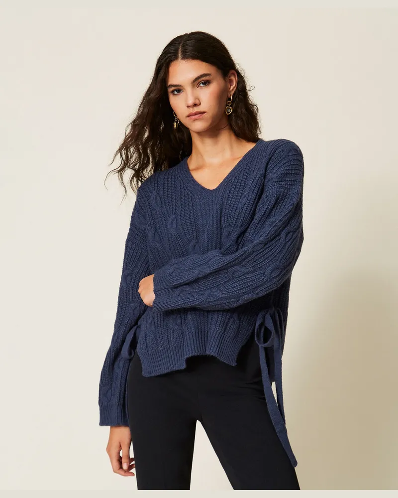 Twin-Set Pullover aus Wollmischung mit Schleifen Indigoblau