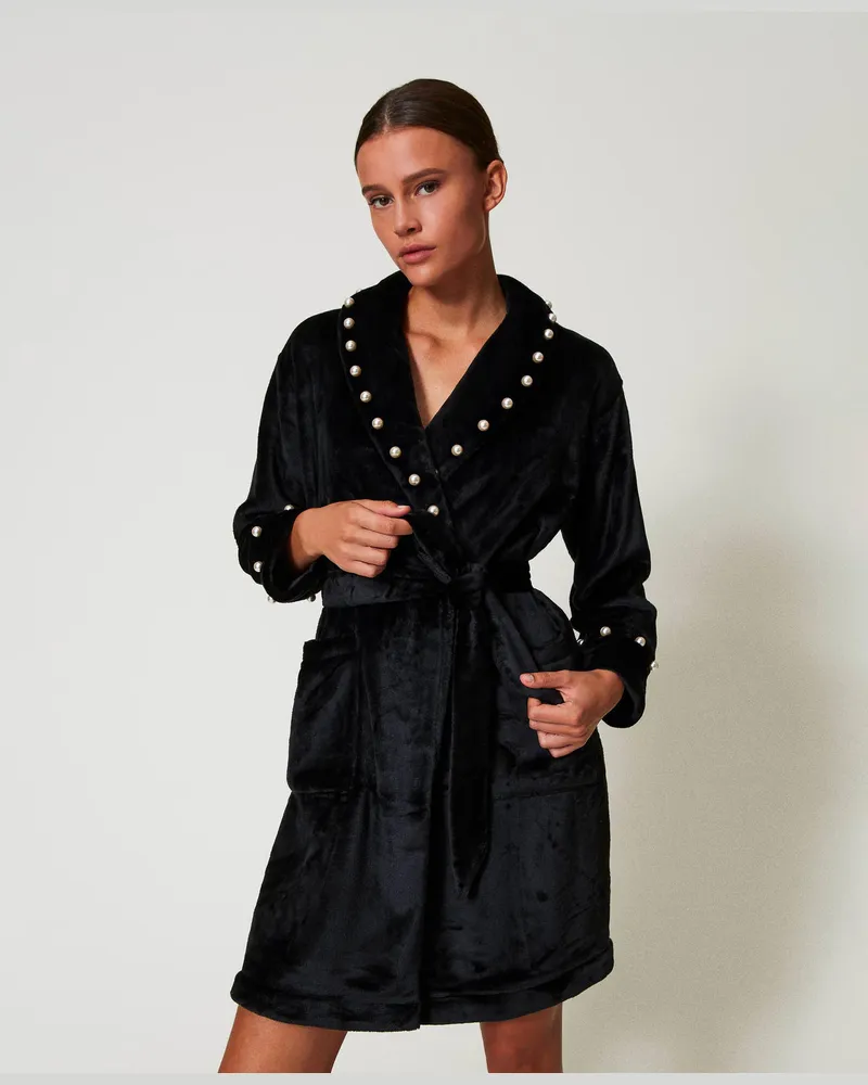 Twin-Set Unterwäsche - Morgenmantel aus Pelzimitat mit Perlen, Schwarz, Größe: XS 