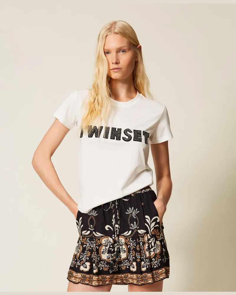 Twin-Set T-Shirts - T-Shirt mit besticktem Logo-Patch, Mattweiß, Baumwolle, Größe Mattweiß