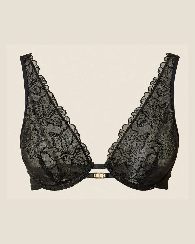 Twin-Set Unterwäsche und Nachtwäsche - Bügel-BH mit floraler Stickerei, Schwarz, Paillettes, Größe Schwarz