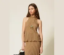 Tops - Neckholder-Top aus Leinenstrick mit Lurex, Golden Green Lurex, Größe