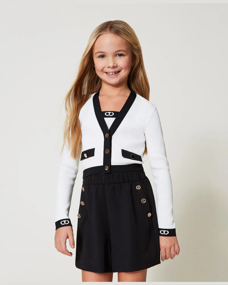 Twin-Set Cardigans - Gerippter Cardigan mit „Oval T"-Jacquard, Zweifarbig Eisweiß / Schwarz, Größe: 10A 