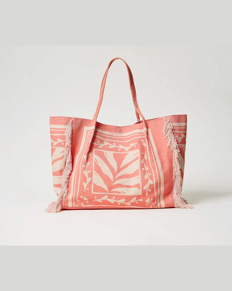 Twin-Set Bademode - Shopper aus bedrucktem Canvas, Foulard-Print Coral Sun / Almond Beige, Fransen, Einheitsgröße 