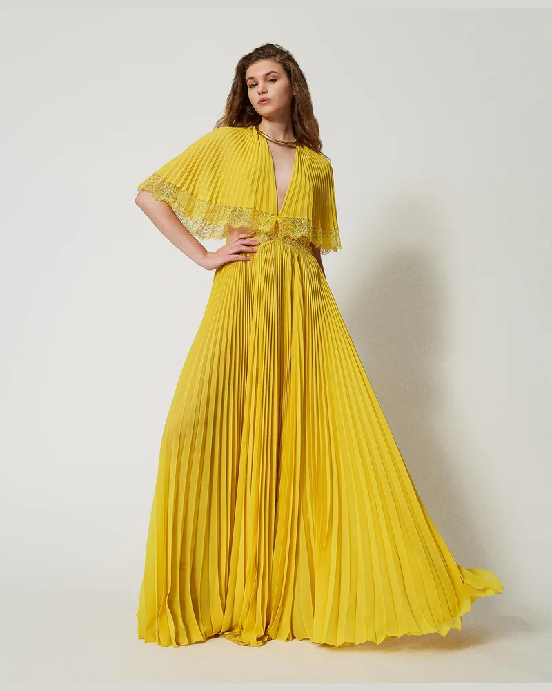 Twin-Set Kleider - Maxi-Plisseekleid „Filicudi" mit Spitze, „Passion Fruit"-Gelb, Größe „passion