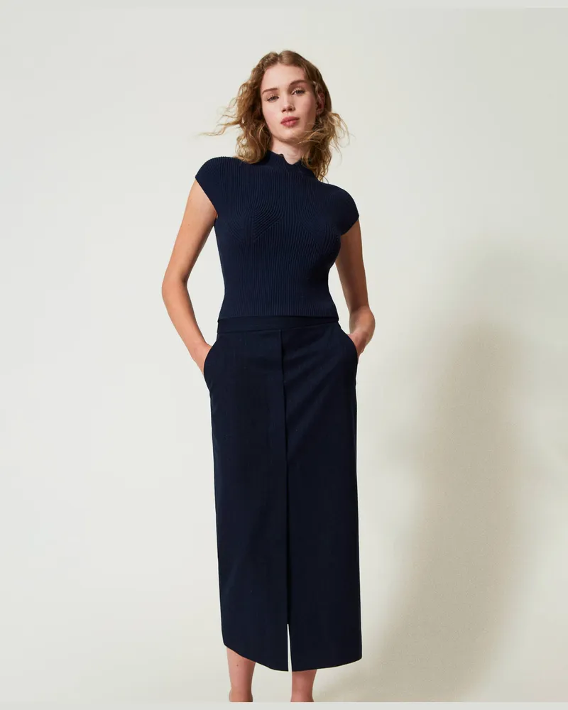 Twin-Set Röcke - Midirock mit Lurex-Nadelstreifen, Indigo Lurexnadelstreifen, Gestreift, Größe: 50 
