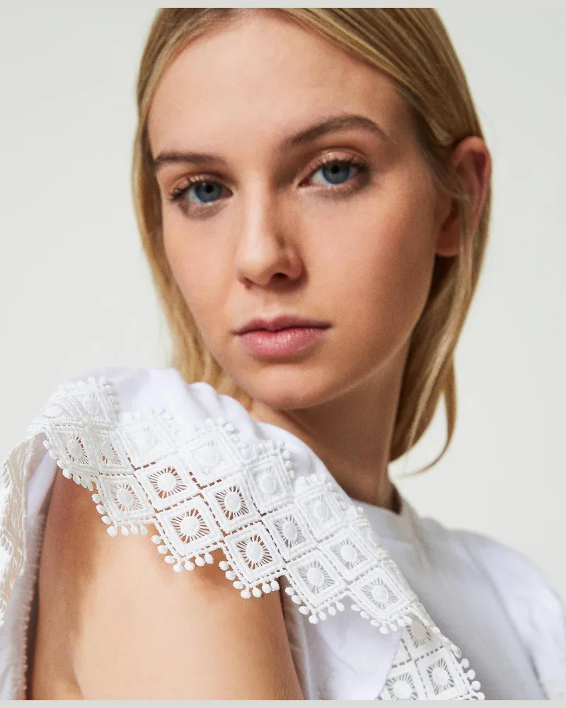 Twin-Set T-Shirts - T-Shirt mit Makramee-Ärmeln, Weiß, Spitze, Größe: XXL 