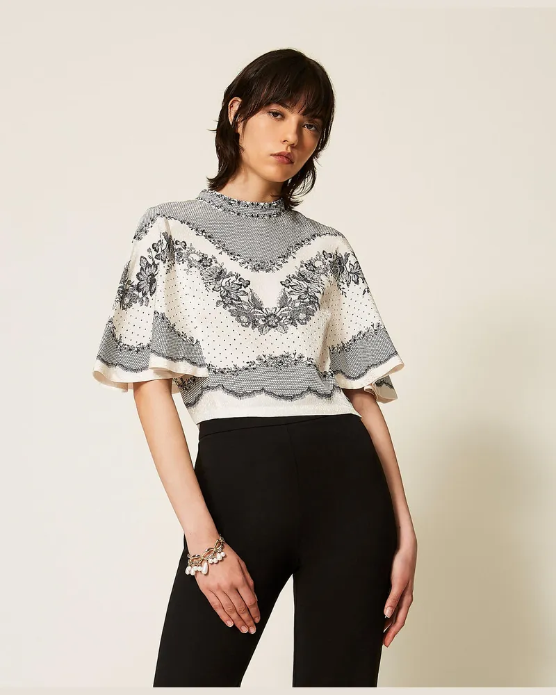 Twin-Set Satinbluse mit Jacquardmuster und Blumen und Tupfen Lace