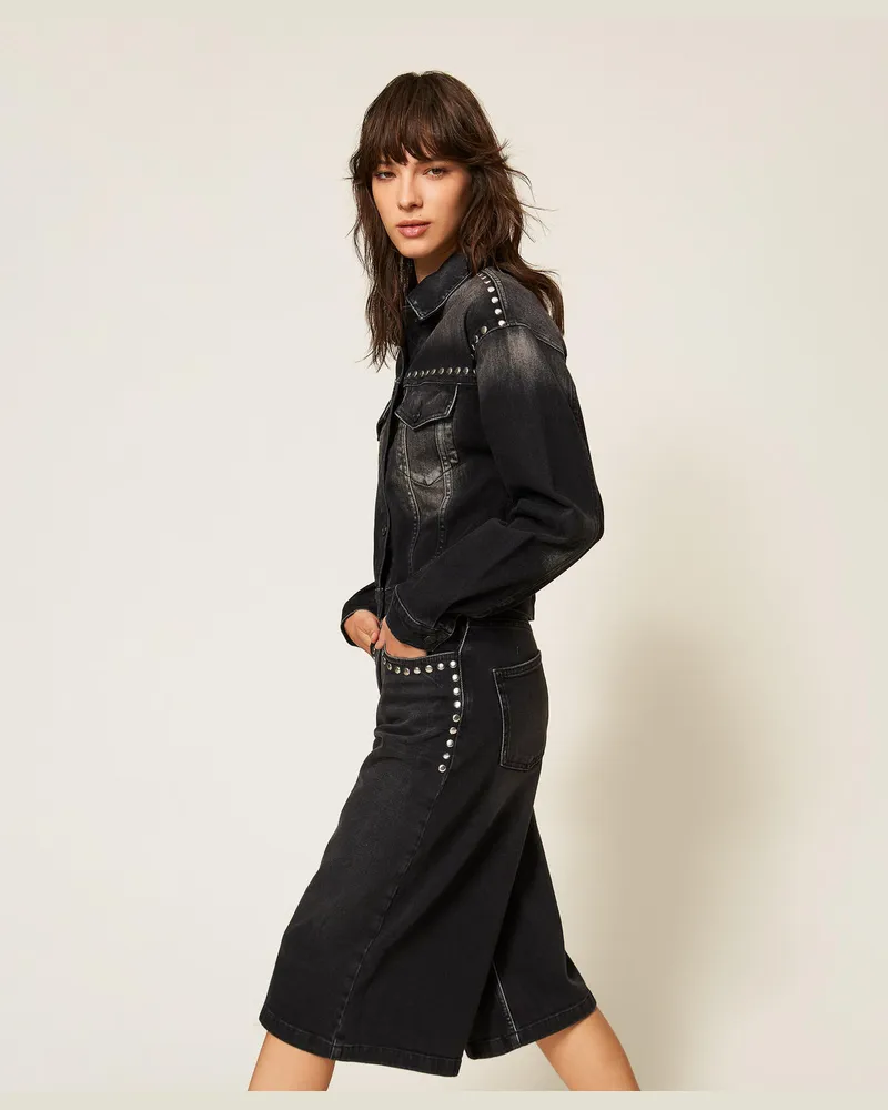 Actitude by Twinset Jacken und Outerwear - Jeansjacke mit Nieten, Denimschwarz Délavé, Größe Denimschwarz