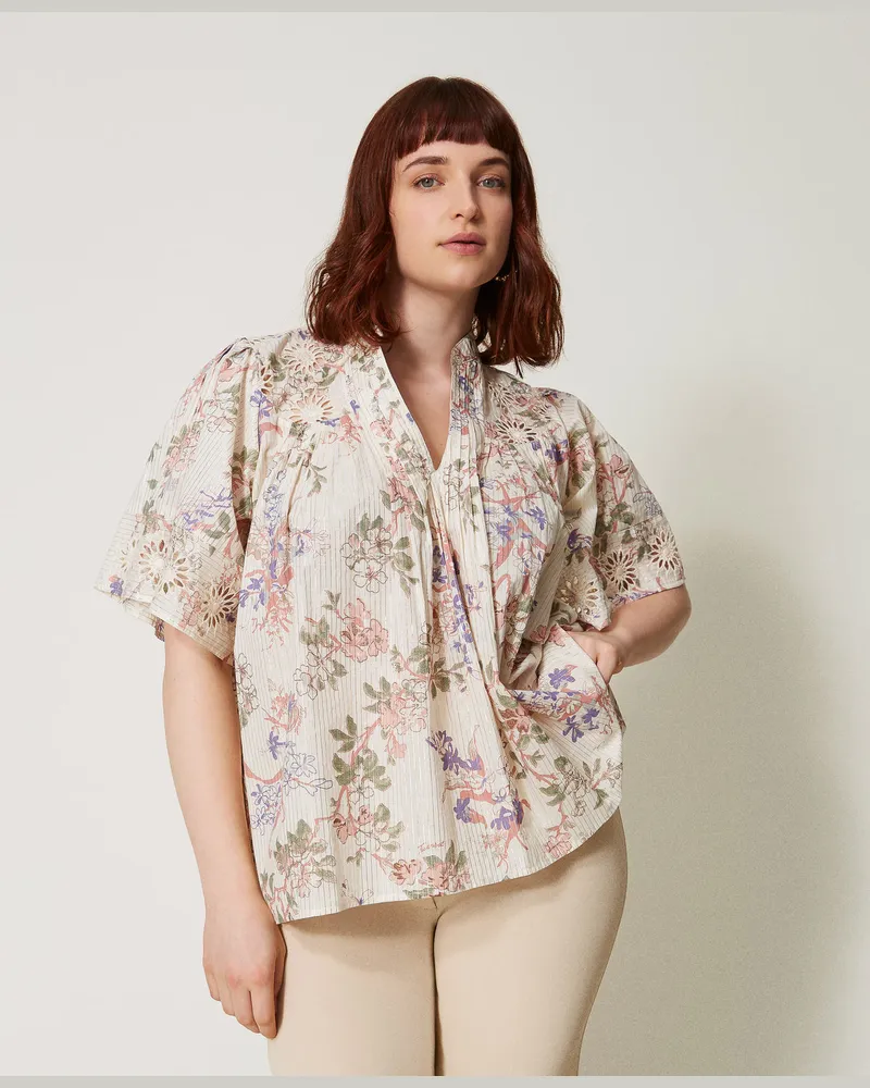 Twin-Set Blusen - Bluse aus Musselin mit Stickereien, Multicolor-Blumenprint / Lurex, Mit Blumen, Größe Multicolor-blumenprint