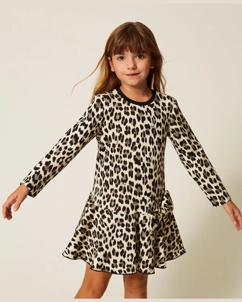 Twin-Set Kleider - Kurzes Mädchenkleid aus Scuba mit Animaldessin, Leopardenprint, Größe Leopardenprint
