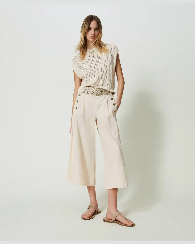 Twin-Set Hosen - Cropped-Hose aus Popeline, „Parchment"-Beige, Baumwolle, Größe „parchment“-beige