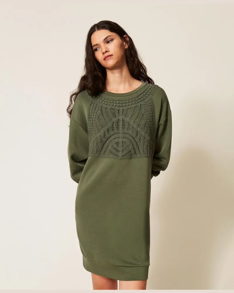 Twin-Set Kleider - Kurzes Kleid aus Scuba mit Häkelarbeit, „Thyme"-Grün, Größe „thyme“-grün