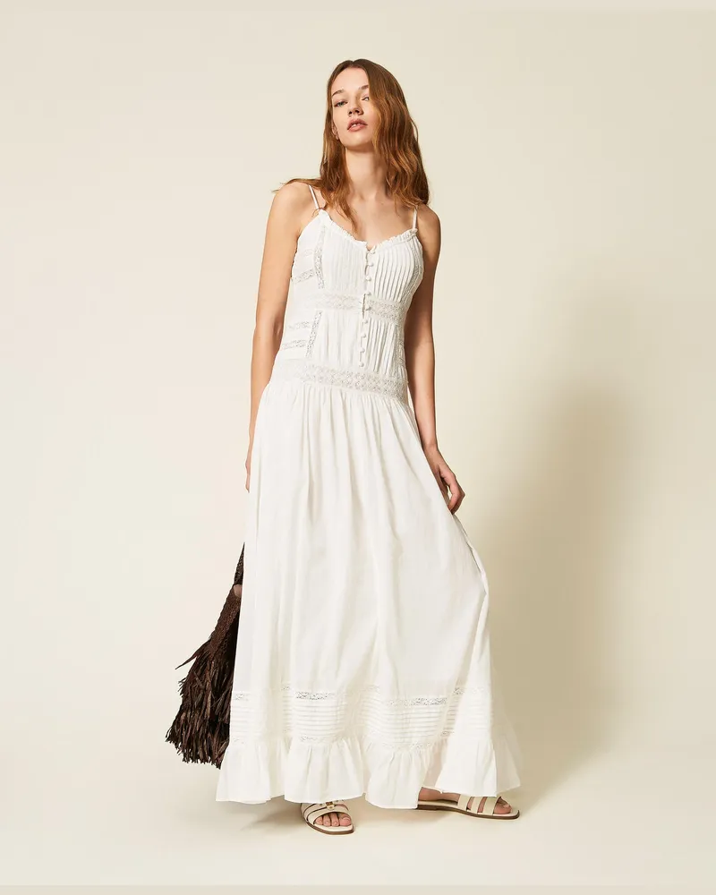 Twin-Set Kleider - Langes Kleid aus Musselin mit Spitze und Volant, Mattweiß, Größe Mattweiß