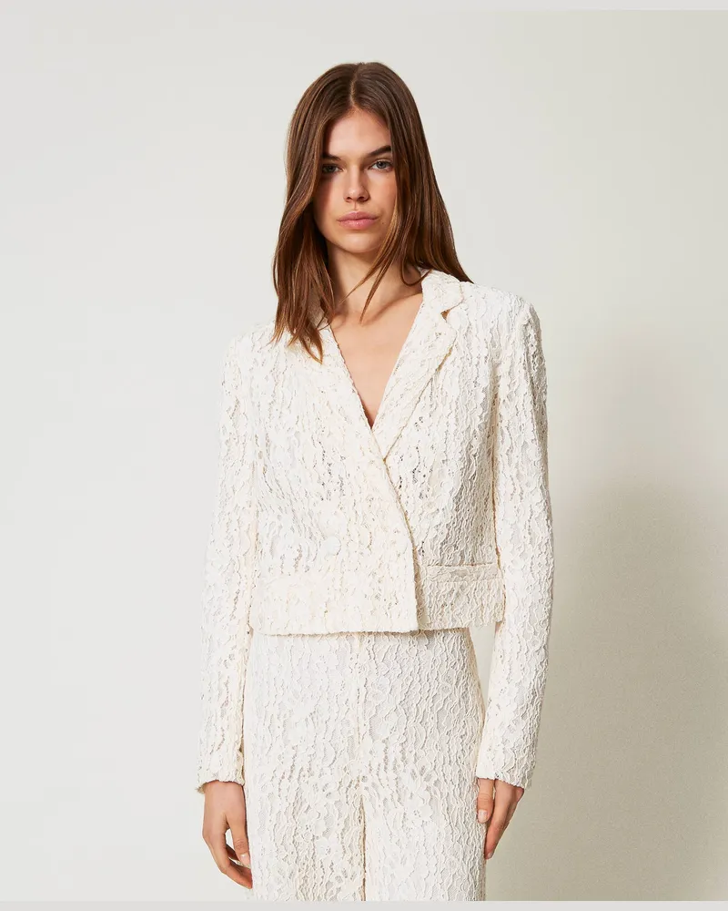 Twin-Set Jacken und Outerwear - Kastig geschnittener Blazer aus floraler Spitze, Weiß Schnee, Größe Weiß