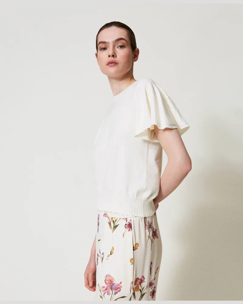 Twin-Set T-Shirts - T-Shirt aus Gestrick mit Bogenrändern, Weiß Schnee, Größe: XXL 