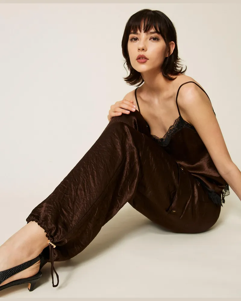 Twin-Set Cargohose aus Froissé-Satin, Damen, Darkness Brown Darkness