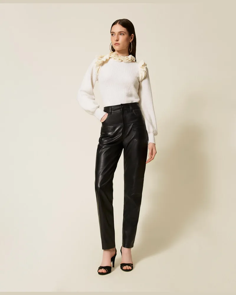 Twin-Set Hosen - Lederhose mit Ziernähten, Schwarz, Größe Schwarz