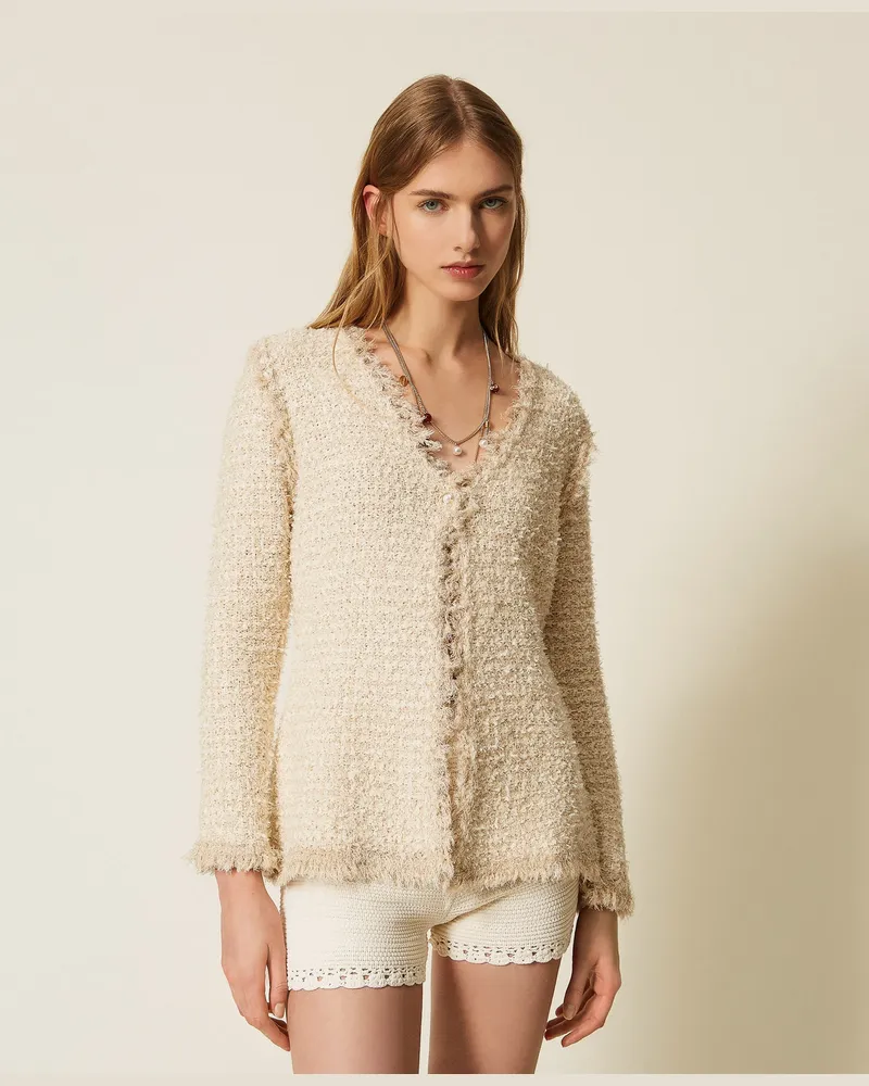Twin-Set Jacken und Outerwear - Jacke aus Jacquard-Strick mit Lurex, „Parchment"-Jacquard-Beige, Größe „parchment“-jacquard-beige