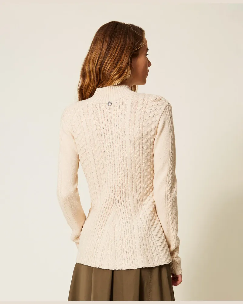 Actitude by Twinset Stehkragenpullover mit Zopfmuster, „Crystal Sand"-Beige, Alpaka, Größe „crystal