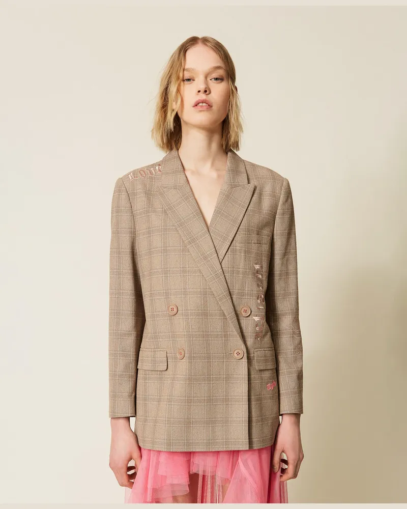 Actitude by Twinset Jacken und Outerwear - MYFO Blazer mit Karomuster und Stickerei, Nude Beige Shade Check, Kariert, Größe Nude