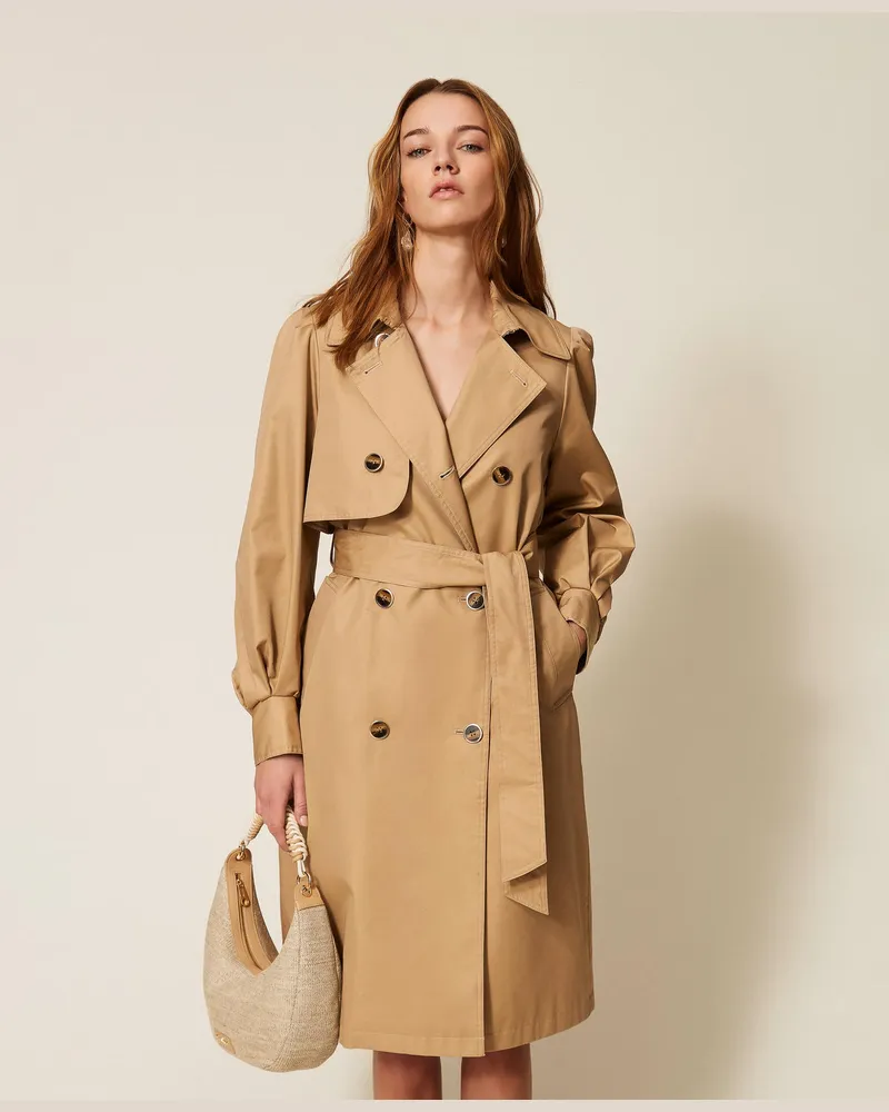 Twin-Set Zweireihiger Trenchcoat aus Gabardine Rope-beige