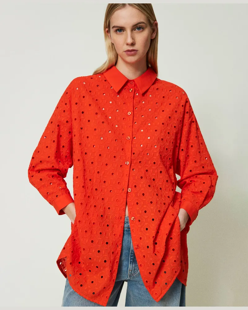 Actitude by Twinset Hemden - Maxihemd mit Lochstickereien, „Scarlet Ibis"-Rot, Baumwolle, Größe „scarlet
