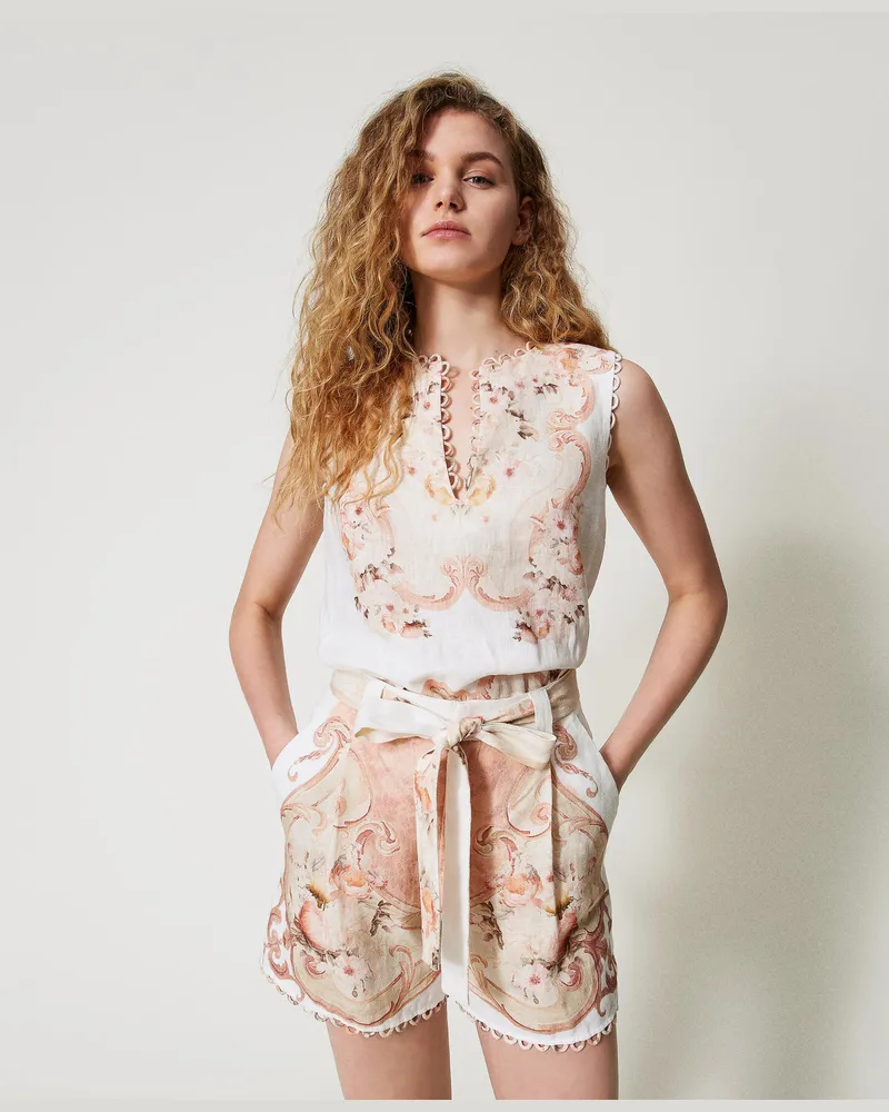 Twin-Set Hosen - Leinenshorts mit Print, Flowers-Print Tapestry Dusty Coral Shade, Mit Blumen, Größe Flowers-print