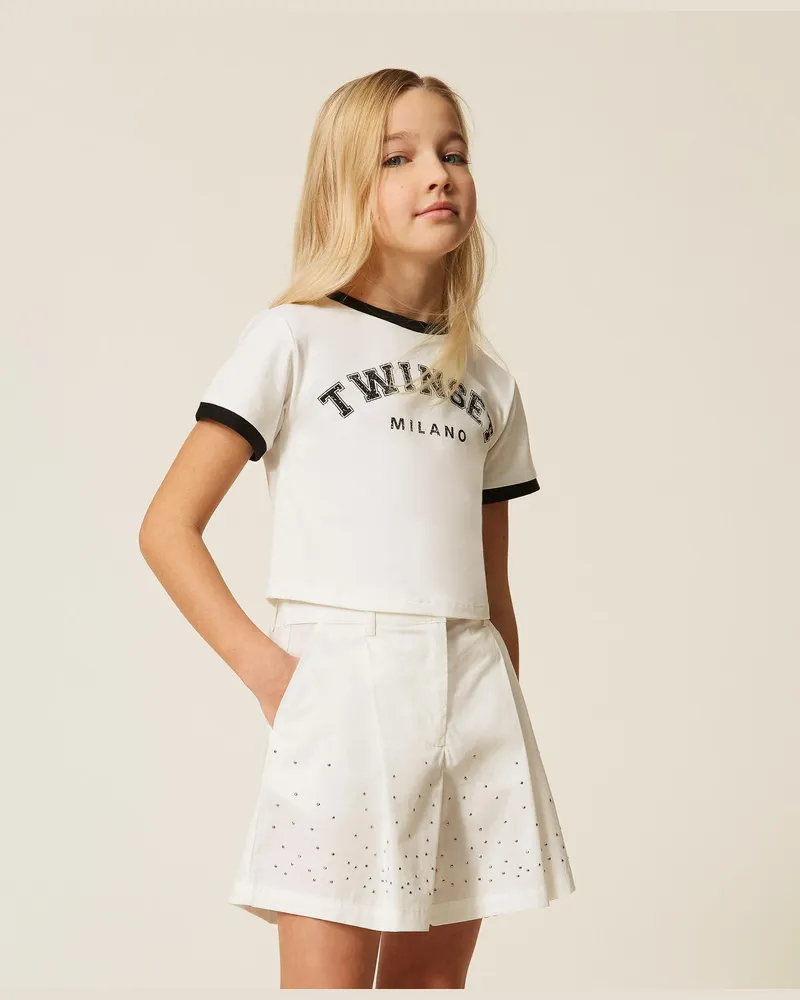 Twin-Set Hosen - Shorts aus Popeline mit Nieten, Mattweiß, Größe Mattweiß